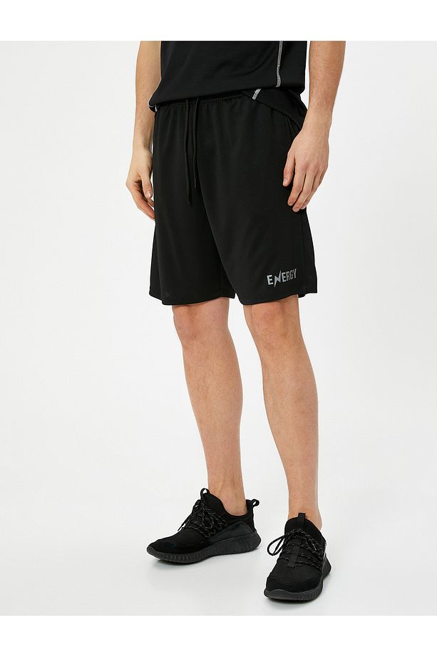 Spor Şort Slogan Baskılı Beli Bağcıklı Cepli - 3