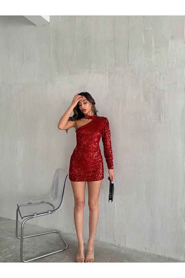 Kadın Payet Tek Kol Kırmızı Mini Elbise - 1