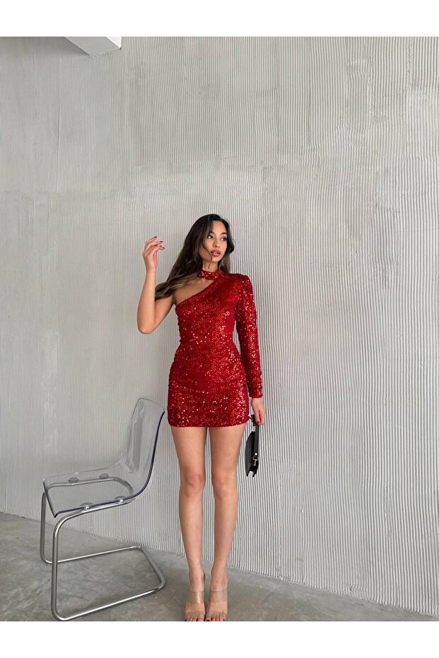 Kadın Payet Tek Kol Kırmızı Mini Elbise - 4