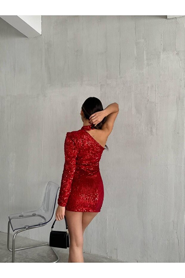 Kadın Payet Tek Kol Kırmızı Mini Elbise - 5