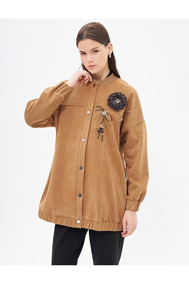 Camel Suede Jacket - Embroidered Detailed
