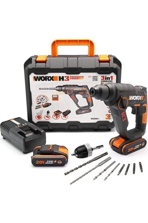 WX390.1 20Volt 2.0Ah. Li-ion 1.2J Profesyonel SDS-Plus Pnömatik Çift Akülü Şarjlı Matkap + 8 Ad - 1