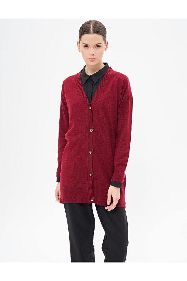 Basic Triko Hırka Bordo - 1