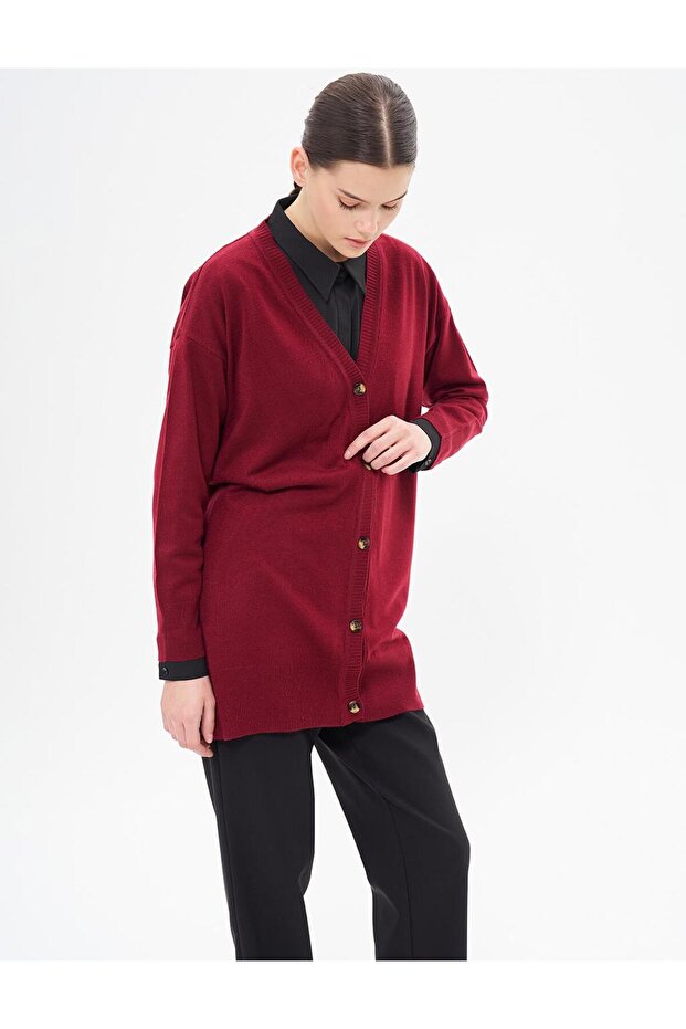 Basic Triko Hırka Bordo - 2