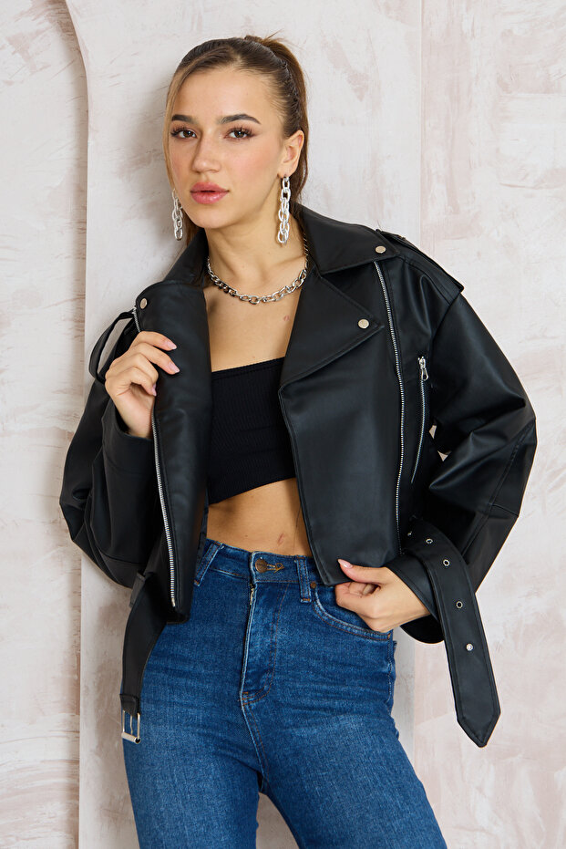 Kemerli Oversize Deri Biker Ceket
