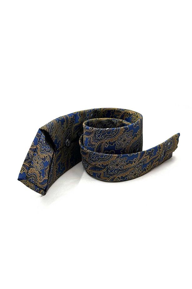 Mavi - Sarı Şal Desen Mendilli Klasik Kravat KK12864 - 5