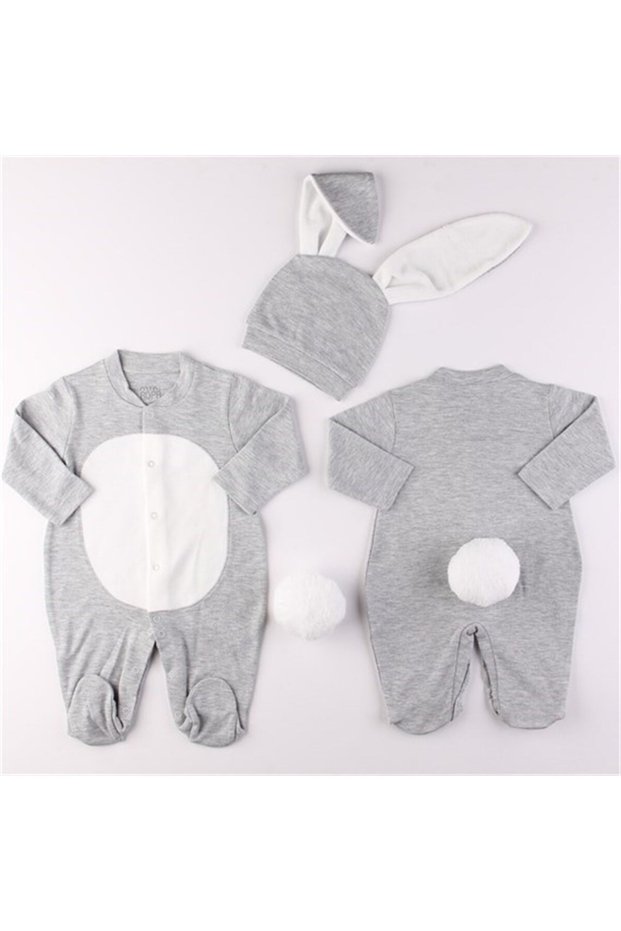 Gray Color Baby Rabbit Pompom Bunny Ear Jumpsuit Baby Gift Baby Photographic Shooting Product