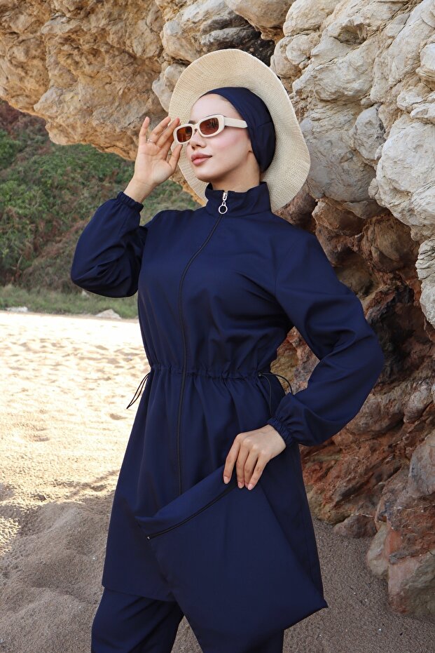 Beli Adjustable Elastic Fully Covered Hijab Swimsuit 4-Piece Set with Bag and Bonnet Navy Blue