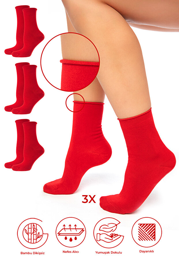 Bamboo Women's Elasticless Red Seamless Premium Socks 3-Pack / Non-Marking / Non-Tightening Socks