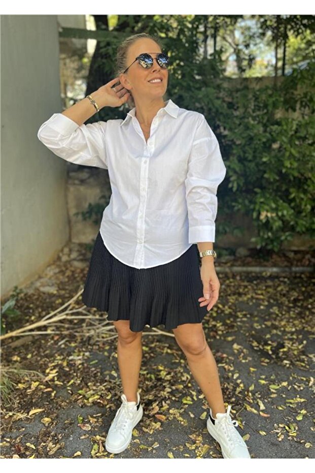 White Raglan Sleeve Poplin Shirt with Elastic Waist Detail