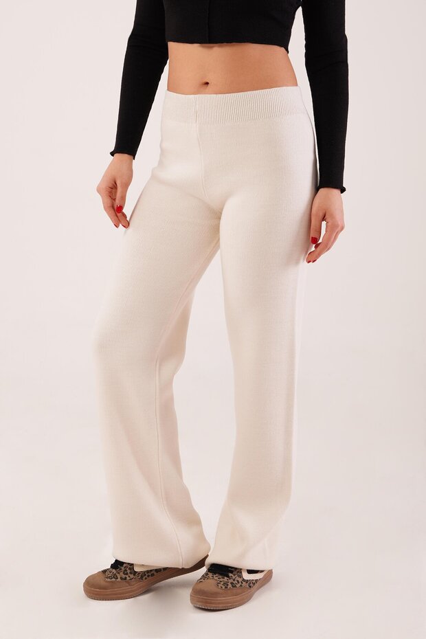 High Waist Wide Leg Beige Knitwear Trousers