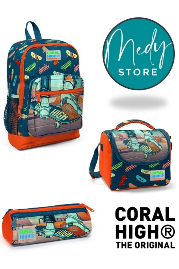 Indigo Neon Orange Skateboard Patterned 3-Piece School Bag Set
