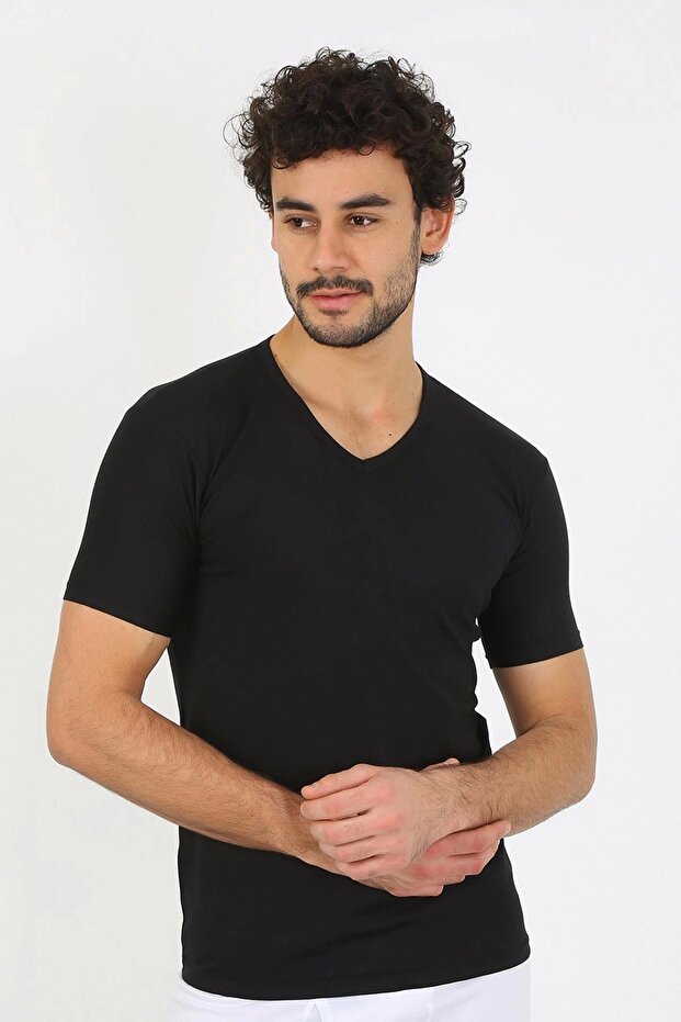 Men's Lycra V-Neck Black T-Shirt 65700