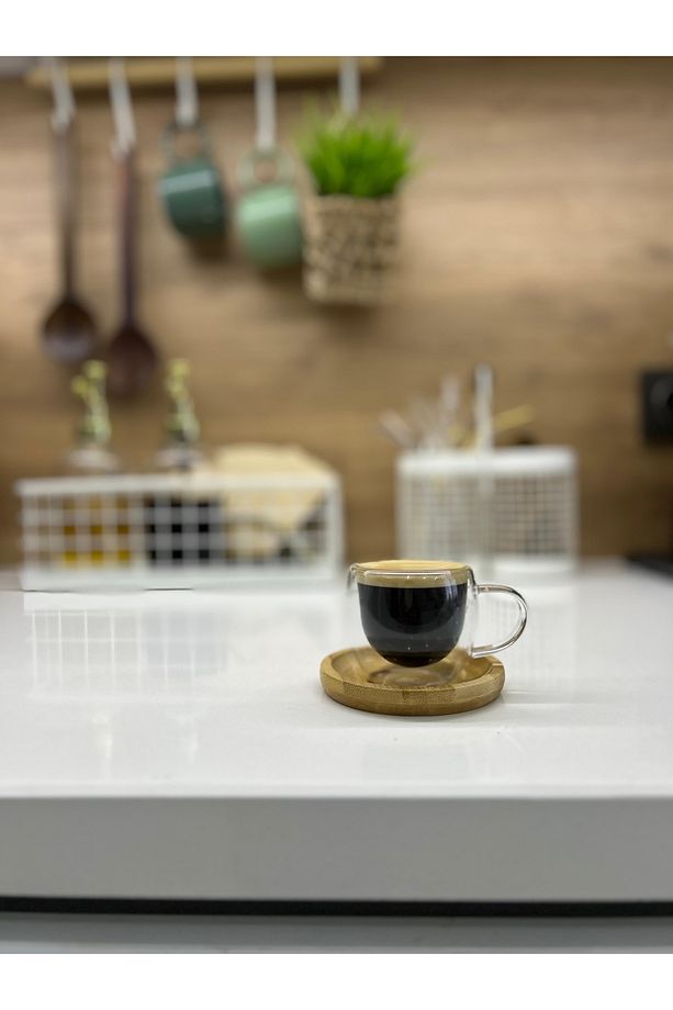 2 Li Çift Cidarlı Bambu Altlıklı Bardak Seti Kupa Bardak - 4