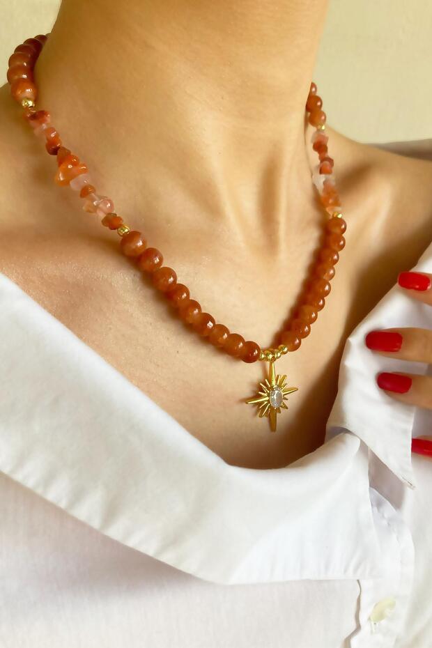 Crystal Glass Beads Natural Stone Necklace with Polar Star End - Orange