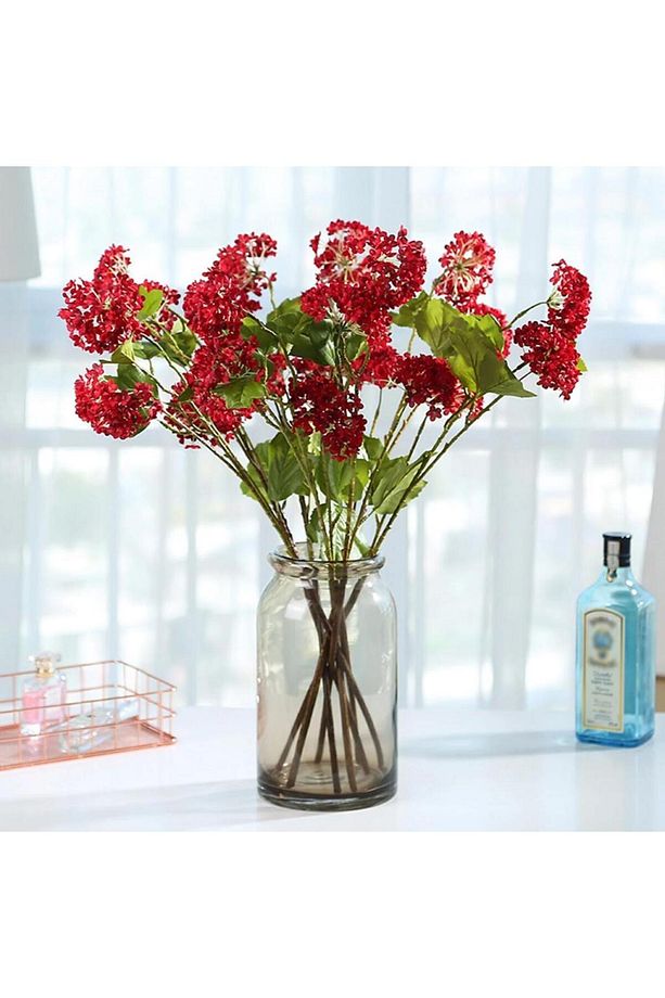 Yapay Çiçek Ortanca 3 Toplu Kırmızı Tek Dal Tomurcuklu 75*25cm Kumaş Çiçek Uzun Dal - 5