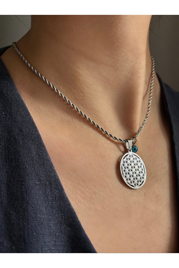 Evil Eye Flower of Life Symbol Twist Chain Steel Necklace
