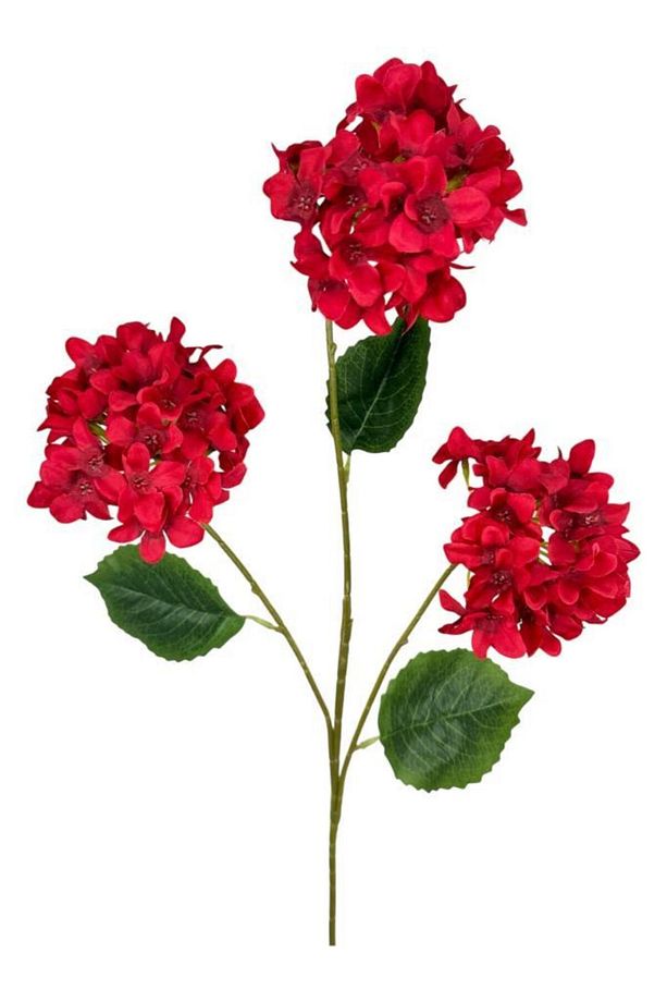 Yapay Çiçek Ortanca 3 Toplu Kırmızı Tek Dal Tomurcuklu 75*25cm Kumaş Çiçek Uzun Dal - 1