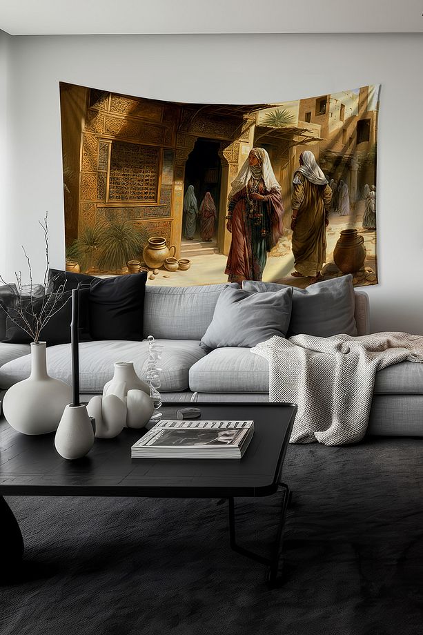 Eski Osmanlı Desenli Duvar Halısı Duvar Örtüsü Tapestry Süet Dokulu Kumaş - 1