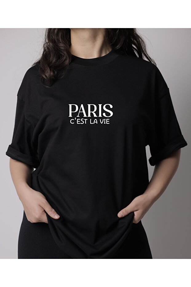 Unisex Paris C'Est La Vie Printed Black and White Oversize T-Shirt