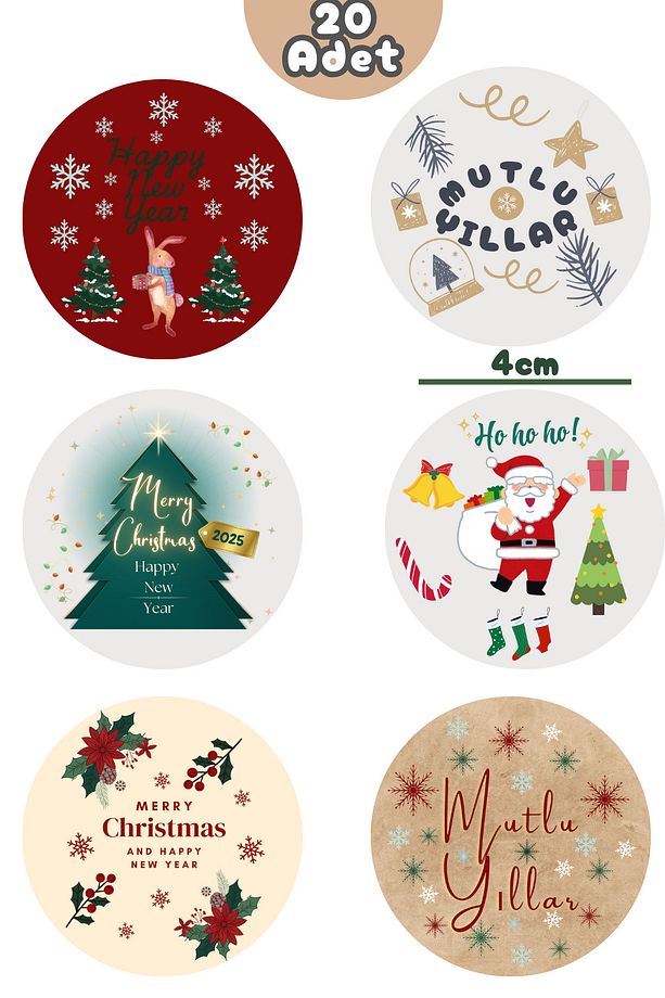 Yılbaşı Etiketi Yapışkanlı Sticker Hediye Poşeti Etiket  Küçük Boy-4 cm 20Adet - 3