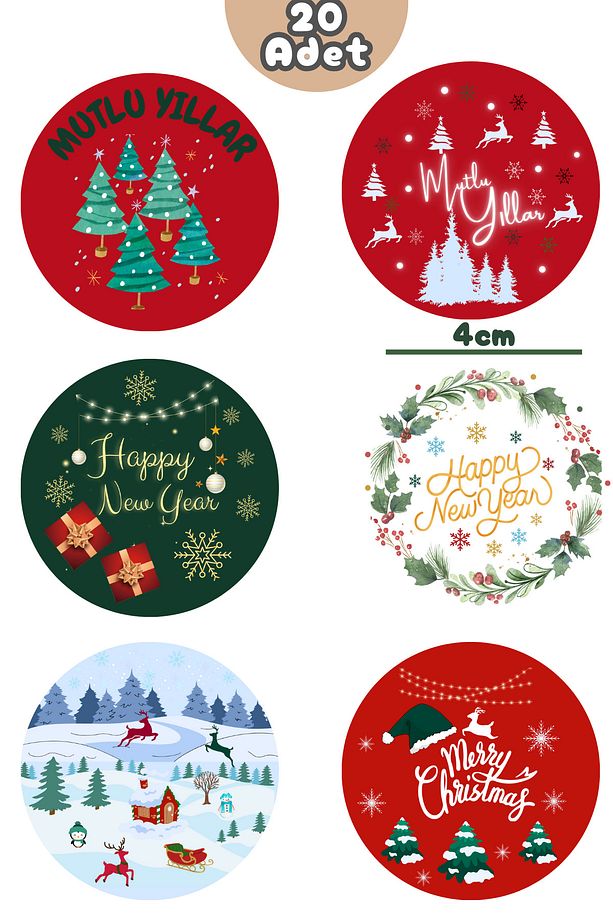 Yılbaşı Etiketi Yapışkanlı Sticker Hediye Poşeti Etiket  Küçük Boy-4 cm 20Adet - 1