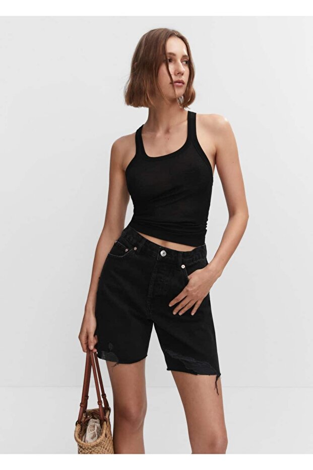 Dekoratif yırtıklı denim bermuda şort - 1