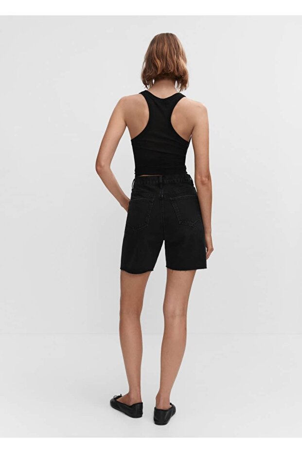 Dekoratif yırtıklı denim bermuda şort - 4