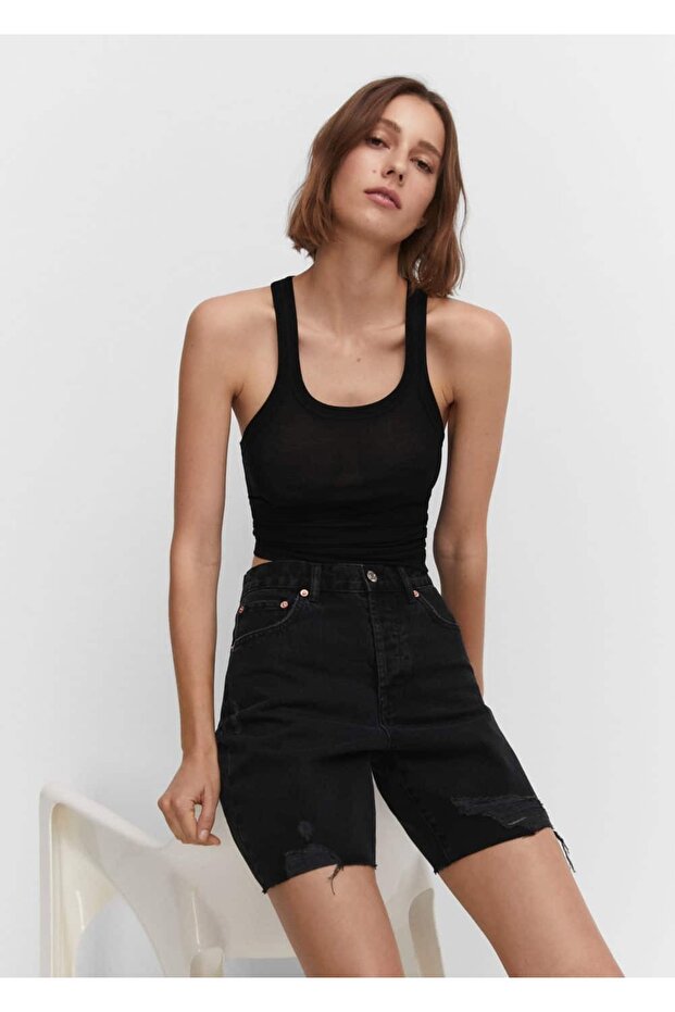 Dekoratif yırtıklı denim bermuda şort - 8