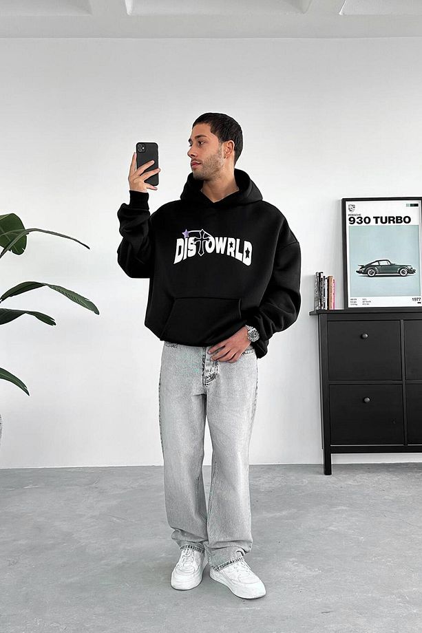 Siyah Distoworld Nakış Süzene Detay HAFKA PREMİUM 3 İplik Şardonlu Oversize Sweatshirt - 1