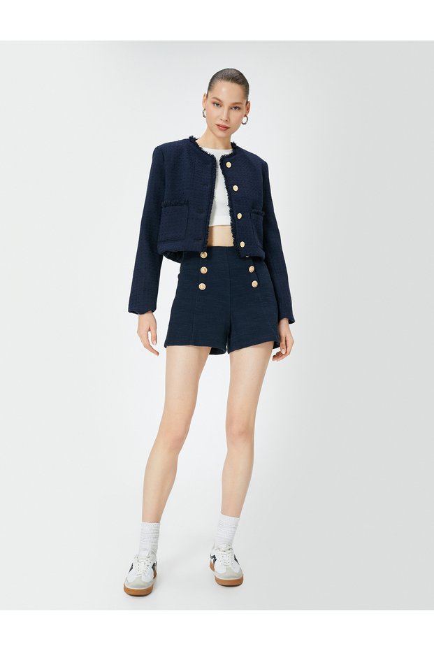 Crop Tweed Jacket with Gold Buttons, Round Collar and Pockets