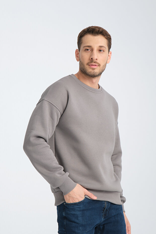 Gray Crew Neck Oversize Raster Basic Men's Sweatshirt - 3