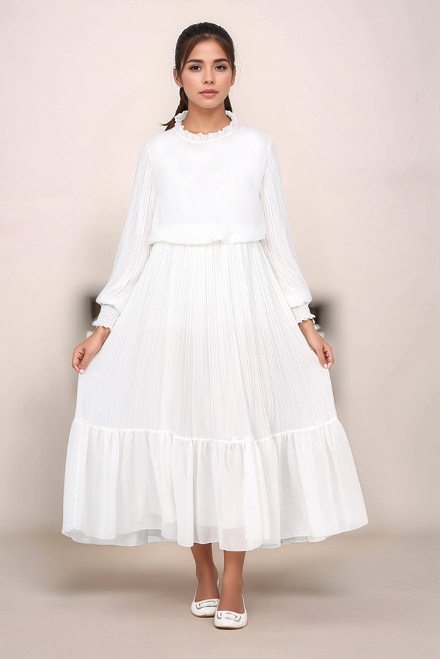Young Girls Long Length Pleated Chiffon Cotton Hijab Dress