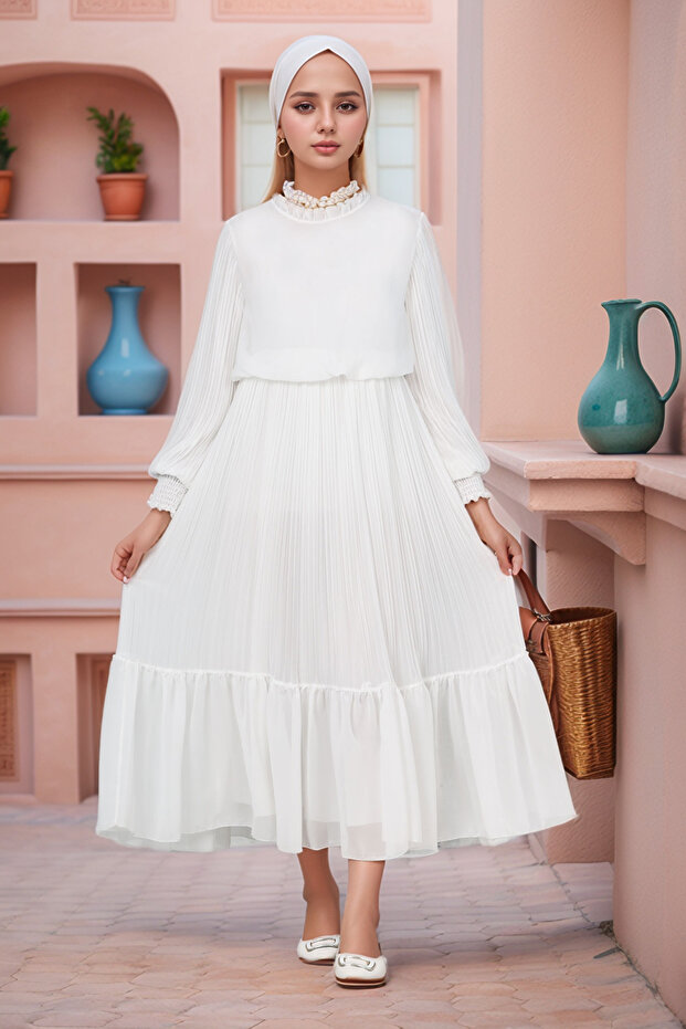 Young/Children's Long Cotton Lined Chiffon Pleated Hijab Dress