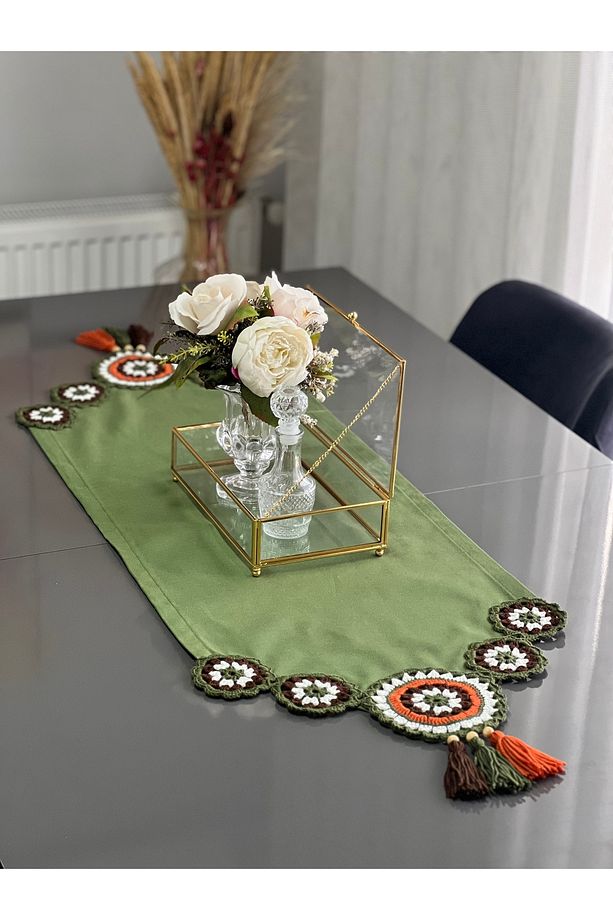 Runner Masa Örtüsü Duck Keten Kumaş Örme Dantel Püsküllü YEŞİL B 40x100 Cm - 3