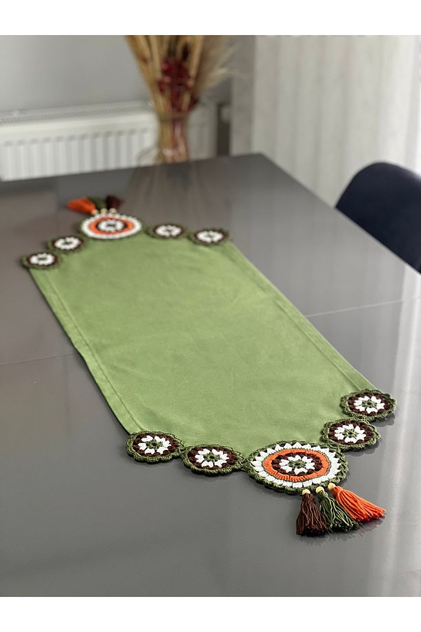 Runner Masa Örtüsü Duck Keten Kumaş Örme Dantel Püsküllü YEŞİL B 40x100 Cm - 9