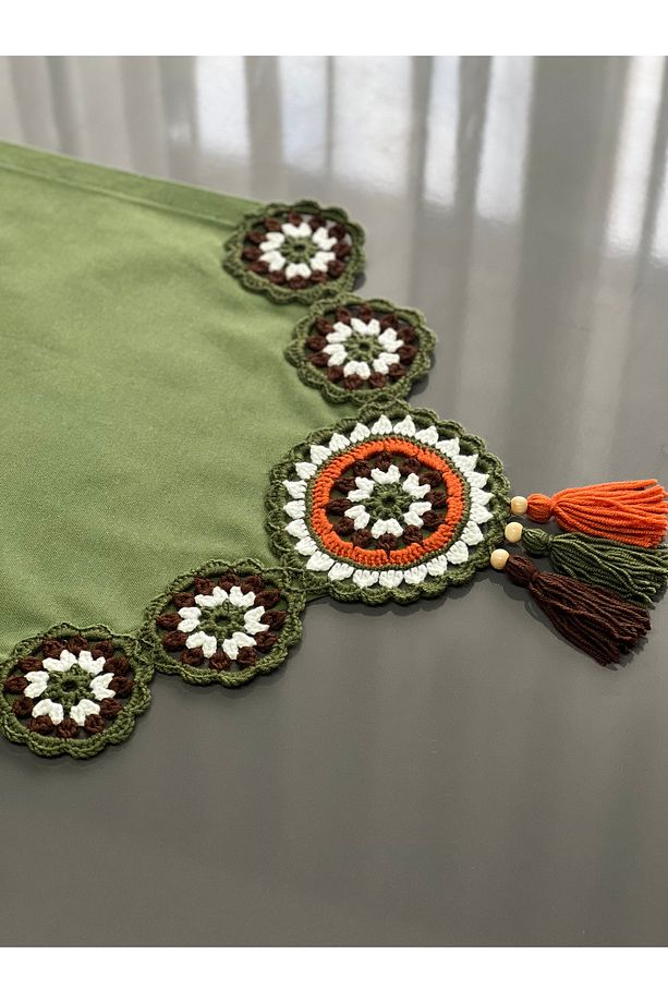 Runner Masa Örtüsü Duck Keten Kumaş Örme Dantel Püsküllü YEŞİL B 40x100 Cm - 6
