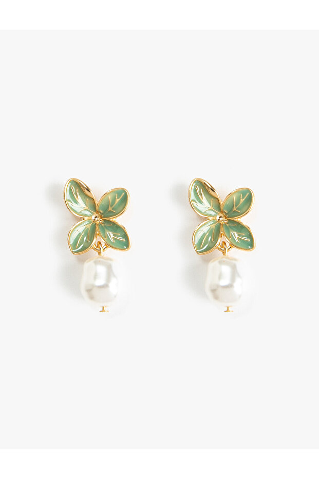 Drop Pearl Detailed Leaf Earrings Dangle