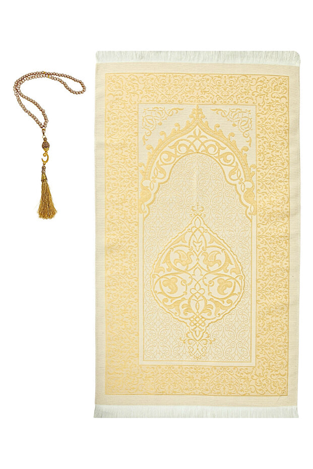 Premium Ottoman Pattern Prayer Rug and Pearl Rosary Set, Islamic Gifts for Women and Men