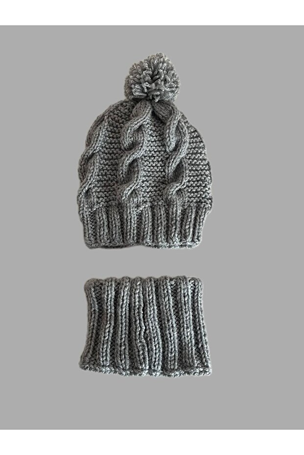 3-5 Years Handmade Gray Knitted Beret and Neck Collar Set