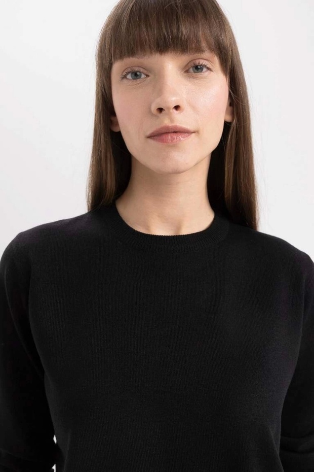 C0058 Siyah Regular Fit Yumuşak Dokulu Bisiklet Yaka Basic Düz Triko Kazak - 4