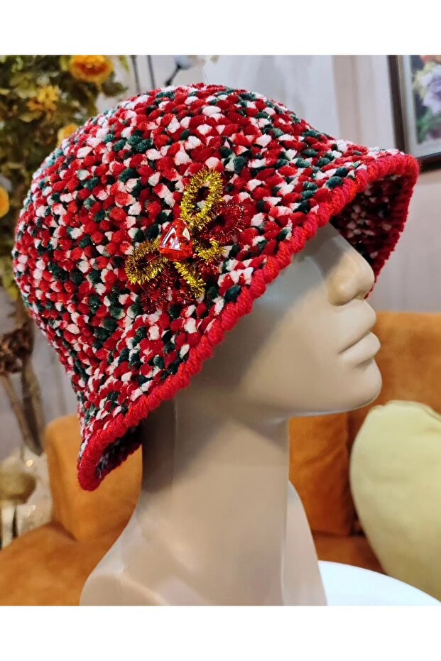 Yılbaşı El Örgüsü Kloş Kadife Şapka - 7