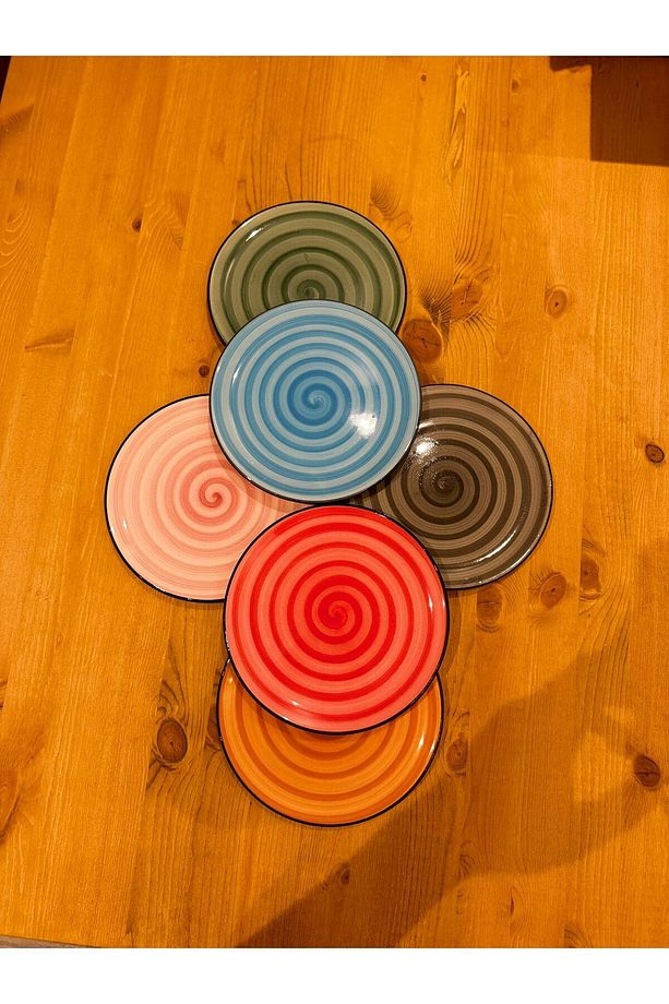 6 Lı Özel Tasarım Handmade 21 Cm Renkli Pasta Tabak Seti Ve Kahvaltı Tabak Seti Servis Tabağı - 2