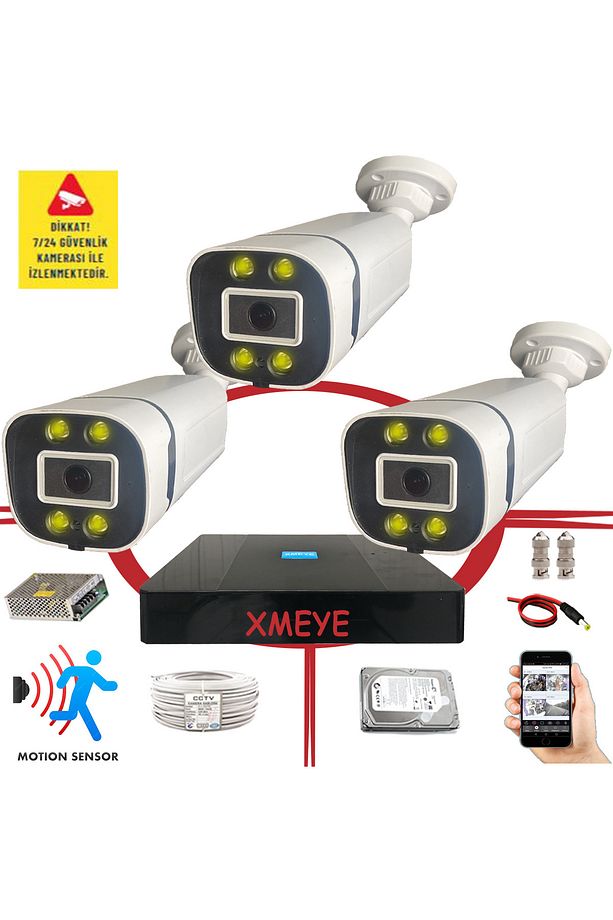 3 lü Hareket Algılayan 5 MP Lens 4 Warm Led Gece Renkli Gösteren Kamerası Seti 604W - 1