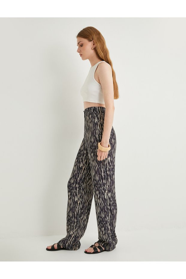 Wide Leg Zebra Patterned Trousers Elastic Waist Viscose Fabric