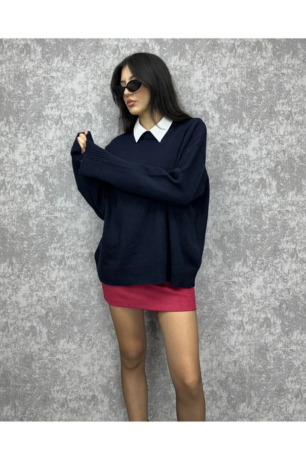 سترة أساسية كبيرة الحجم برقبة دائرية - 7