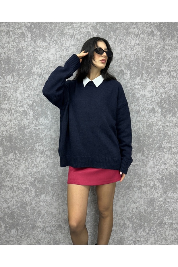 سترة أساسية كبيرة الحجم برقبة دائرية - 4