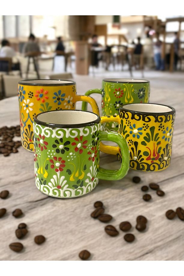 Dekoratif Çini İşlemeli Küçük ve Büyük Kupa, Duble Kahve Fincanı, Ayran ve Meşrubat Bardağı 4 Adet - 4