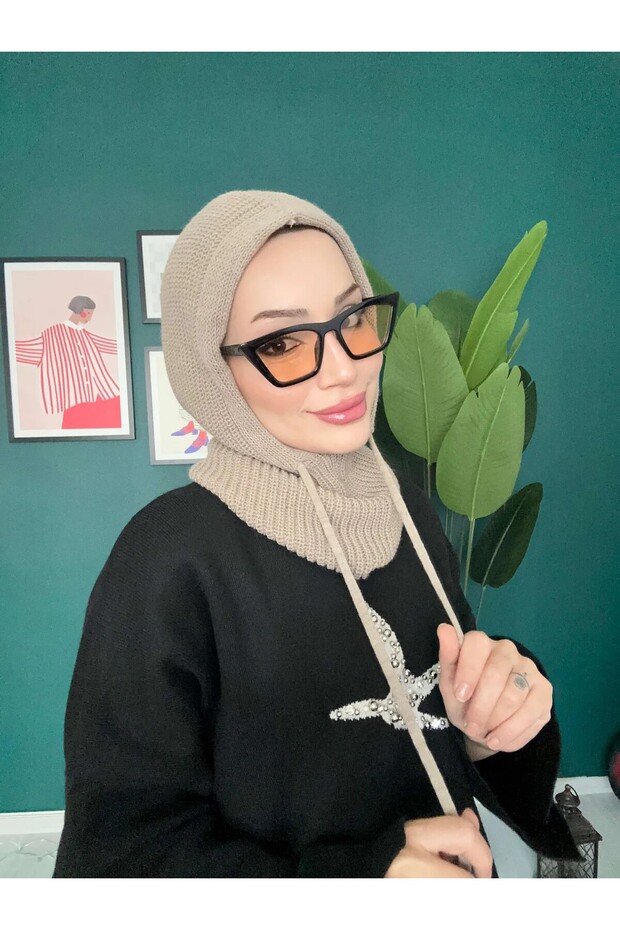 Triko Başlık Balaclava - Bej - 1