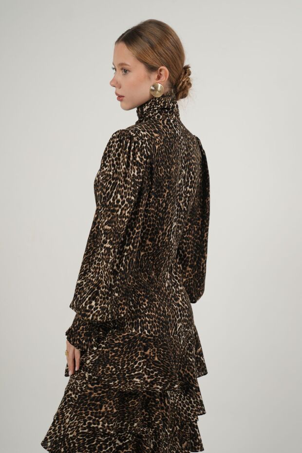 Jasmine Fırfır Detaylı Leopar Midi Elbise - 5